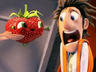 🍓 fa6ab855 Flint Lockwood Cloudy with a Chance of Meatballs aardbei, cartoon, verrassing, eten, geanimeerd telegram sticker