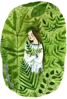 🌿 d007e8bf alam, hutan, gadis, pakis, daun, hijau, cat air telegram sticker