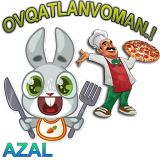 🍕 45bf5985 OVQATLANVOMAN!! królik, szef kuchni, pizza, jedzenie, gotowanie, kreskówka, słodki, jeść telegram sticker