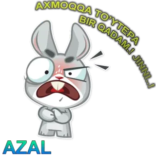 😠 a0a74de5 AXMOQQA TO'YTEPA BIR QADAM.I JINNI.! zły, królik, kreskówka, wyrażenie, tekst, naklejka, zajączek telegram sticker