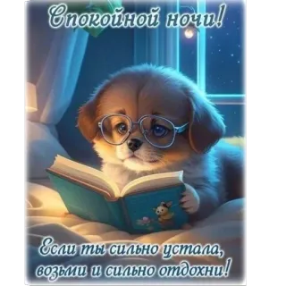 🫥 9e7517de Спокойной ночи!
Если ты сильно устала,
возьми и сильно отдохни! bonne nuit, chiot, chien, lecture, lunettes, sommeil, repos whatsapp sticker