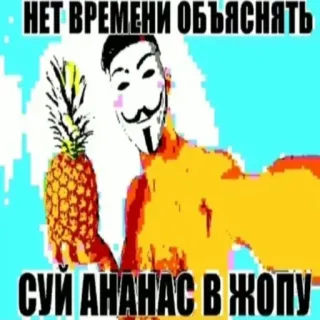 🍍 1a820c24 НЕТ ВРЕМЕНИ ОБЪЯСНЯТЬ
СУЙ АНАНАС В ЖОПУ Ananas, Guy Fawkes Maske, anstößig, Text, Meme, Humor telegram sticker