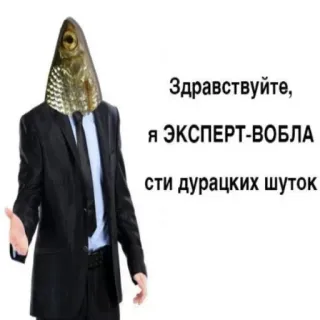🖐 f17d11ca Здравствуйте, я ЭКСПЕРТ-ВОБЛА сти дурацких шуток fisch, anzug, experte, gruß, russisch, meme, geschäft telegram sticker