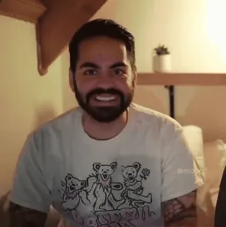 〰 add521f1 pria, potret, berjenggot, kaus, dalam ruangan, tersenyum telegram sticker