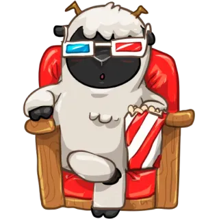 🎥 82341450 ovelha, desenho animado, óculos 3D, pipoca, filme, assistindo, cadeira whatsapp sticker