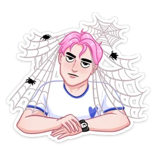 🙄 55b6a815 orang, pria, rambut pink, jaring laba-laba, laba-laba, kasual, jam tangan telegram sticker