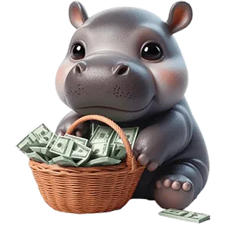 🤑 62ad90e3 nijlpaard, geld, cartoon, rijkdom, mand, schattig telegram sticker