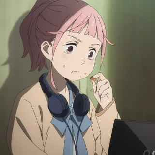 💳 037d0b11 chica anime, auriculares, comiendo, pelo rosa, ordenador, arte digital telegram sticker