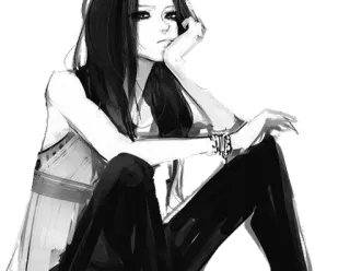 😔 1a72027d 애니메이션, 만화, 캐릭터, 슬픈, 생각에 잠긴, 소녀, 흑백 telegram sticker