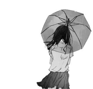 😢 e22a831e 애니메이션, 소녀, 비, 우산, 흑백, 슬픈 telegram sticker