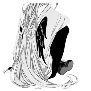 😞 f47e9372 애니, 만화, 소녀, 날개, 흑백, 앉아있는, Emo telegram sticker