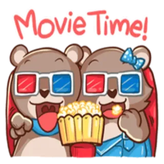 📽 e80a9c64 Movie Time! Film, Popcorn, Kino, Unterhaltung, Tiere, Bären, 3D Brille, Film schauen telegram sticker