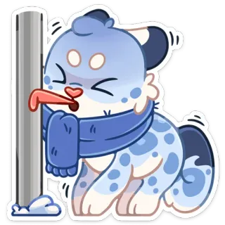 😵 8d02168d snow leopard, cartoon, cold, winter, animal, scarf, licking, pole telegram sticker