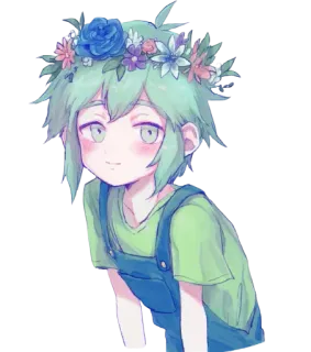 🙂 b8db7414 Basil OMORI 바질, OMORI, 꽃관, 애니메이션, 비디오 게임, 초록 머리, 귀여운, 웃는 telegram sticker