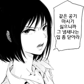 😊 652d55a5 같은 공기 마시기 싫으니까 그 냄새나는 입 좀 닫아라 Аниме, Манга, Девушка, Иллюстрация, Злой, Облачко, Корейский telegram sticker