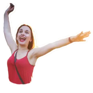 😝 06433cb3 女人, 庆祝, 喜悦, 红衬衫, 张开双臂, 幸福 telegram sticker