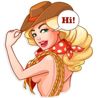 👋 e8d625be Hi! cowgirl, bionda, cappello, rosso, corda, western whatsapp sticker