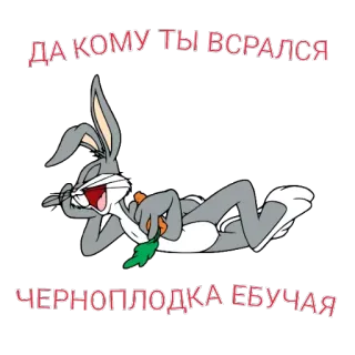 🐇 772da0ad Bugs Bunny ДА КОМУ ТЫ ВСРАЛСЯ
ЧЕРНОПЛОДКА ЕБУЧАЯ Cartoon, Konijn, Offensief, Scheldwoorden, Russisch telegram sticker