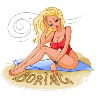 😞 1046c249 BORING женщина, блондинка, купальник, пляж, песок, скучный telegram sticker