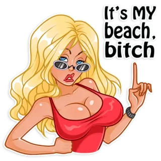 🤨 5a645e3b It's MY beach, bitch пляж, женщина, блондинка, солнцезащитные очки, мультфильм, оскорбление telegram sticker