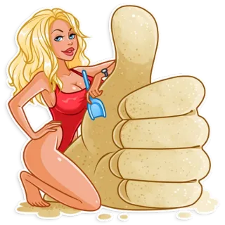 👍 bda7a2a9 пляж, женщина, песок, купальник, большой палец вверх, жест telegram sticker