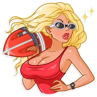 😎 e606d4b1 救生员, 女人, 金发, 太阳镜, 红色, 泳衣, 卡通 telegram sticker
