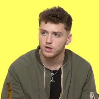 🌿 240a1961 homme, portrait, jeune adulte, cheveux bouclés, veste verte, tenue décontractée, fond jaune whatsapp sticker