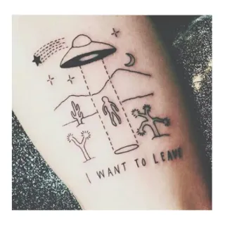 👽 6b5da3f4 I WANT TO LEAVE alien, ufo, outer space, desert, tattoo, minimalist, funny, leave telegram sticker