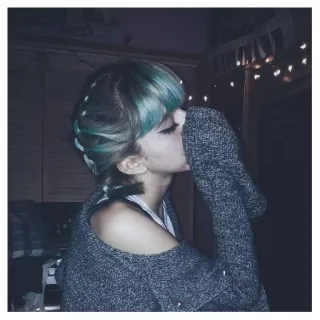 🙂 78727a99 woman, portrait, green hair, selfie, indoor, sweater telegram sticker