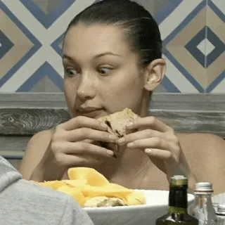 🌤 165e7e56 Bella Hadid model, eating, food, surprise, person, hadid telegram sticker