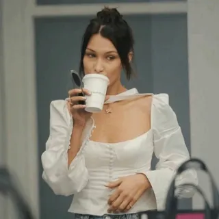 ☁️ b9d2f048 Bella Hadid Bella Hadid, model, celebrity, coffee, white blouse telegram sticker