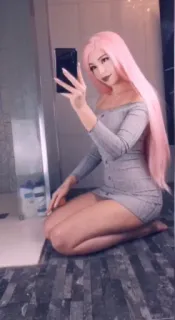 🥚 065c180b woman, pink hair, selfie, pose, bathroom, dress telegram sticker