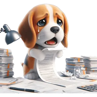 😩 b7ee870e pies, kreskówka, smutny, płacz, biuro, papierkowa robota, podatki, finanse, stres telegram sticker