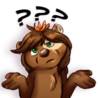 😖 768f97f0 urso desenho animado, confuso, pontos de interrogação, pelo marrom, olhos verdes, animal animado, ilustração whatsapp sticker
