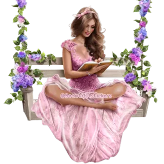 📖 26eade8a @BeautifulStickers femme, robe, fleurs, balançoire, lecture, livre telegram sticker