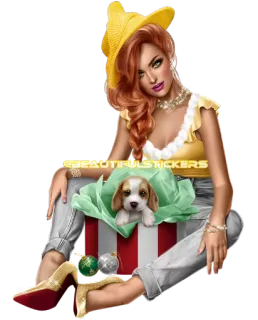 😃 33e04412 BEAUTIFUL STICKERS femme, chapeau, chien, chiot, boîte, ornements telegram sticker