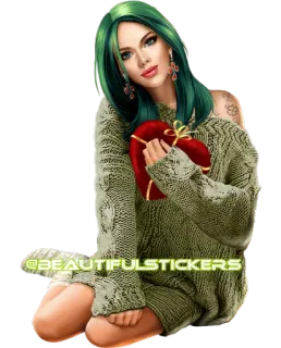 💝 3eb8a9fa @BEAUTIFULSTICKERS femme, pull, cœur, cheveux verts, autocollant, belle, assise telegram sticker