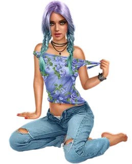 ❤️ 3f7d2647 femme, jeans, assise, art numérique, nattes, chemise fleurie telegram sticker