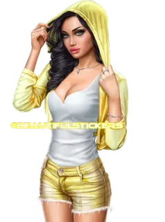 😌 57298b15 BEAUTIFULSTICKERS femme, fille, shorts, veste, sweat à capuche, mannequin, beauté, mode telegram sticker