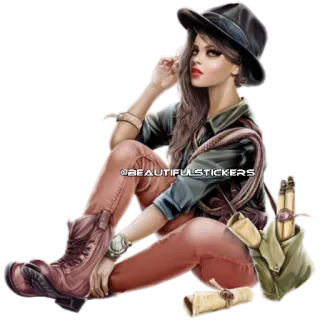 🎩 96556ddc @BEAUTIFULSTICKERS femme, dessin animé, autocollant, chapeau, bottes, aventurier telegram sticker