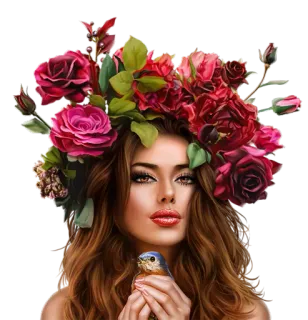 🐦 904c1ed0 femme, fleurs, oiseau, portrait, roses whatsapp sticker