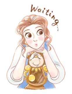 😯 5d538083 Belle Beauty and the Beast Waiting... 贝儿, 美女与野兽, 迪士尼, 等待, 可爱, 卡通, 时钟 telegram sticker