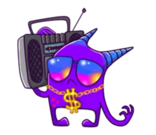 🎵 eb7e24b2 Dessin animé, Monstre, Boombox, Lunettes, Dollar, Chaîne en or, Violet, Musique telegram sticker