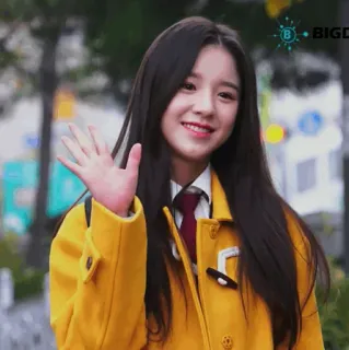 🐝 fe2b503e BIGD kpop, chica, uniforme escolar, saludando, asiática, sonriendo whatsapp sticker