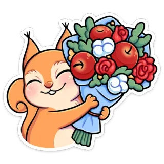 💐 554a9dae scoiattolo, bouquet, fiori, mele, carino, animale, adesivo telegram sticker