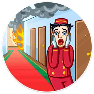 😱 739944e6 โรงแรม, ไฟ, การ์ตูน, พนักงานยกกระเป๋า, เหตุฉุกเฉิน, ควัน, ทางเดิน telegram sticker