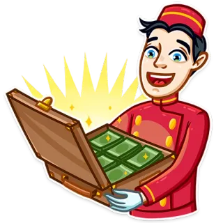 💰 882e48c6 เงิน, ความมั่งคั่ง, กระเป๋าเดินทาง, พนักงานยกกระเป๋า, เงินสด, ความสำเร็จ, รวย, โรงแรม telegram sticker