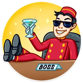 😎 9e64aa8e BOSS พนักงานยกกระเป๋า, เจ้านาย, พักผ่อน, โรงแรม, ค็อกเทล, หรูหรา, ความสำเร็จ telegram sticker