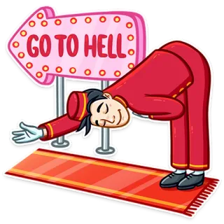 😈 ba7613df GO TO HELL ไปลงนรก, พนักงานยกกระเป๋า, คำดูถูก, การ์ตูน, ทักทาย, โรงแรม, พนักงาน telegram sticker