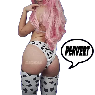 🤬 052e0a7d PERVERT 内衣, 粉色头发, 卡通, 臀部, 奶牛花纹 telegram sticker